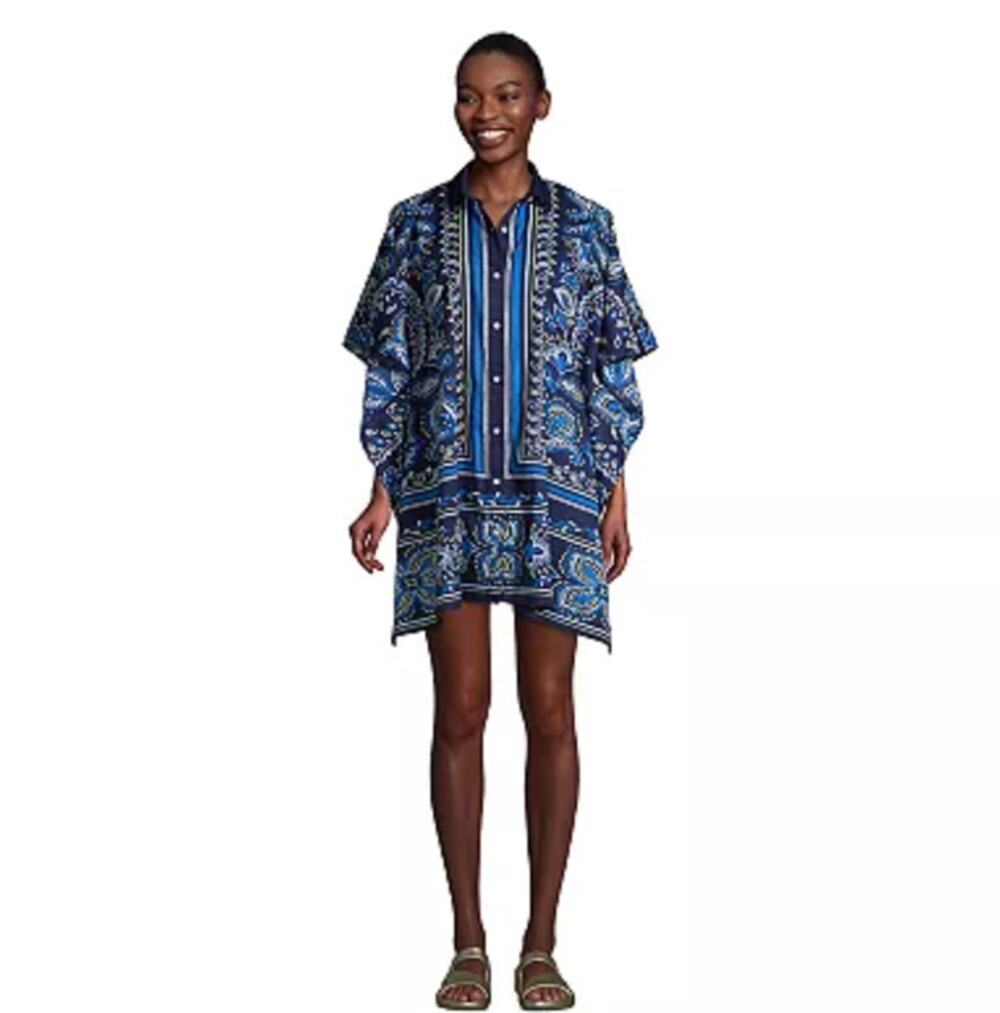 Lands' End button down swim tunic cover up kaftan navy paisley large